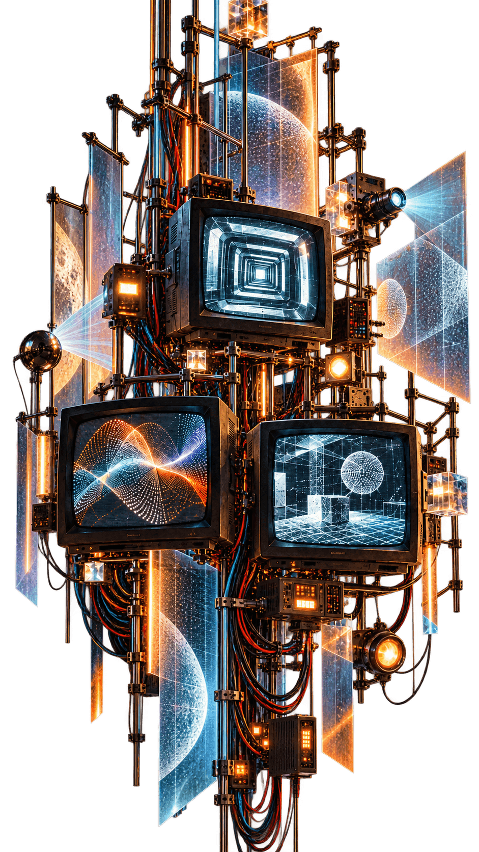 Tower of CRT televisions wired together
